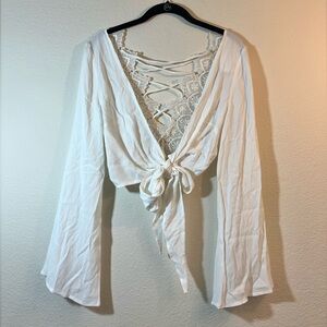 NWT Millau White Tie Front Crop Top LF Lace Up Back Bell Sleeve Deep V XS
